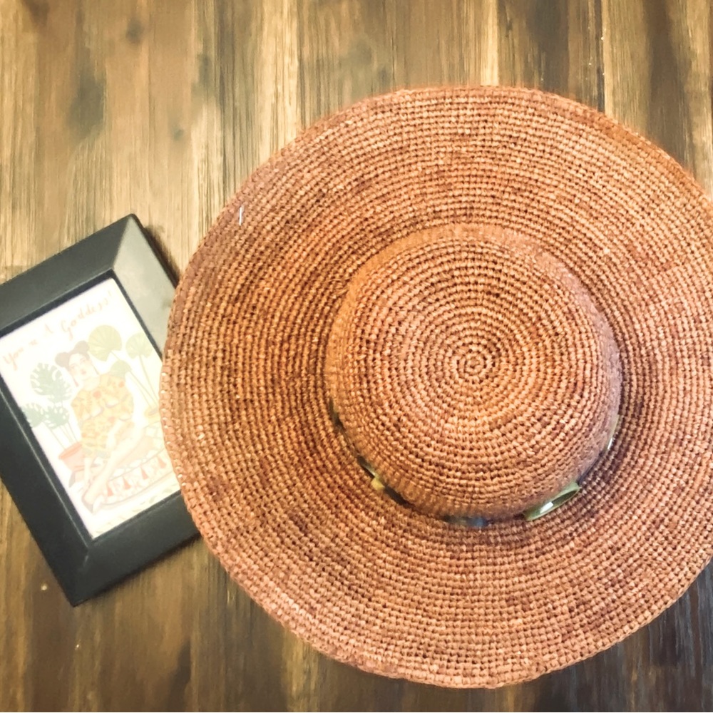 Anthropologie hand woven rust color wide brim hat